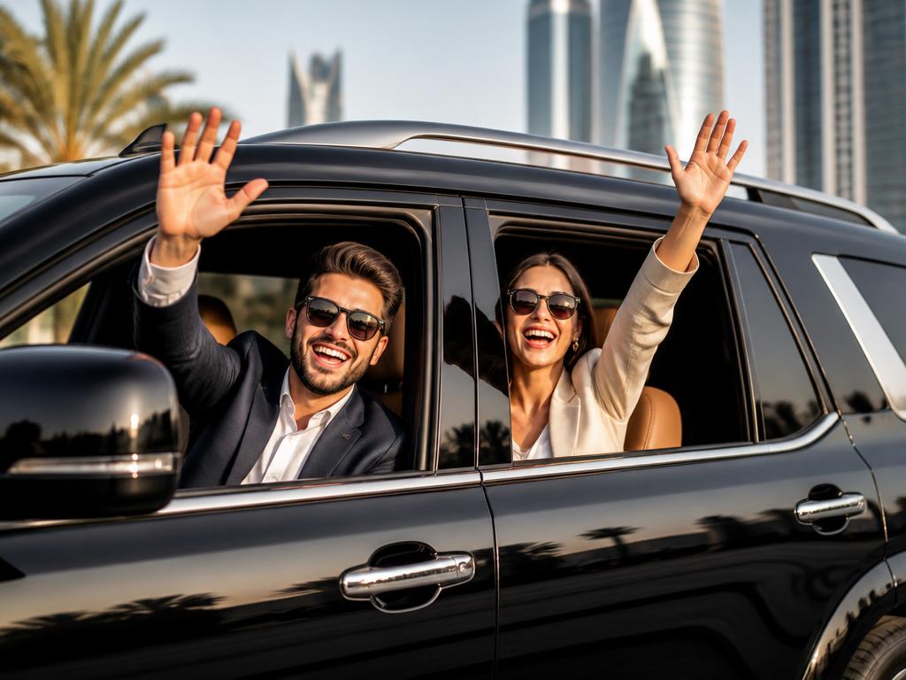 Happy Rando customers waving from their rental car window